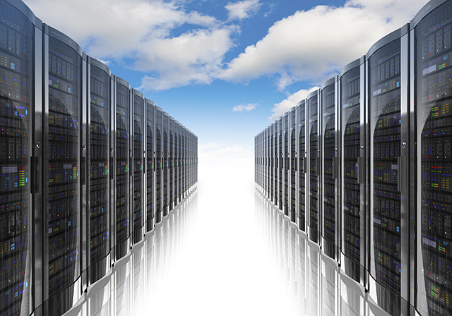 Cloud computing and computer networking concept: rows of network servers against blue sky with clouds