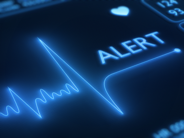 Flat line alert on a heart monitor - 3d render on detail pixellated screen