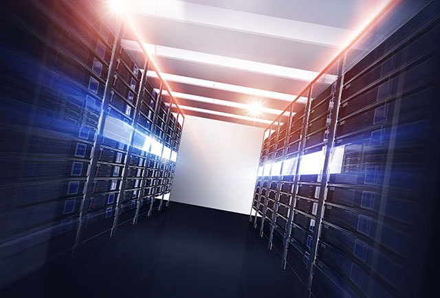 Datacenter Servers Alley Concept 3D Illustration. Powerful Datacenter and Colorful Rays. Straight Alley.